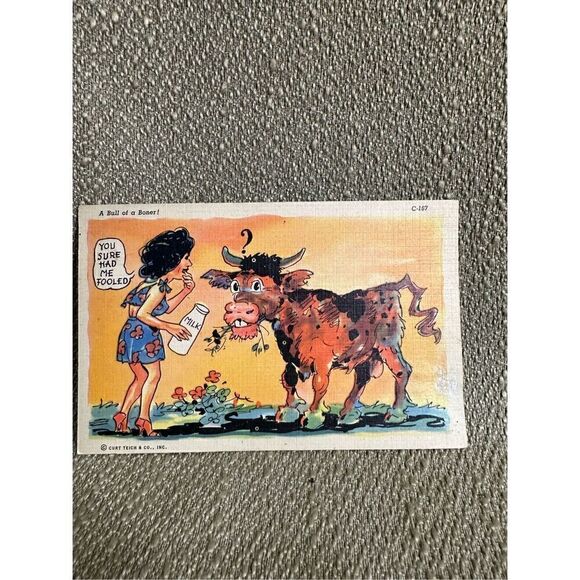 Bull Of A Boner Vintage Postcard Humor Funny Risqué 1940s Blank unused - Picture 4 of 7
